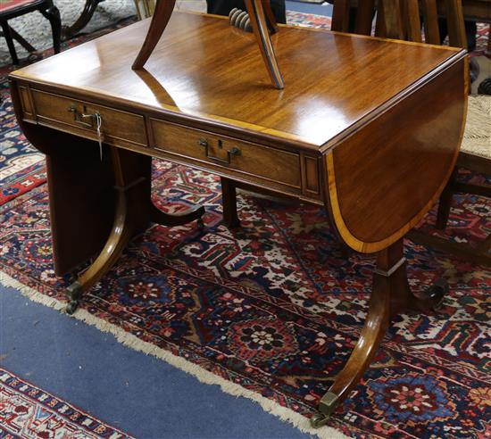 A William Tillman George III style satinwood banded mahogany sofa table W.94cm